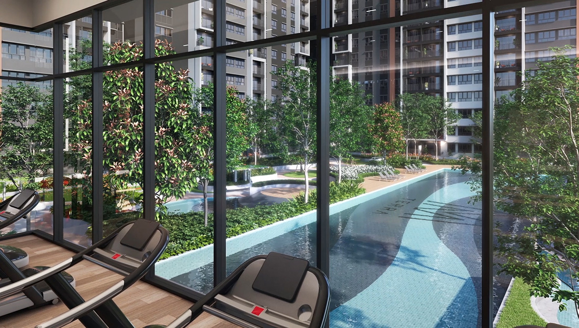 Floating gym overlooking facilities deck